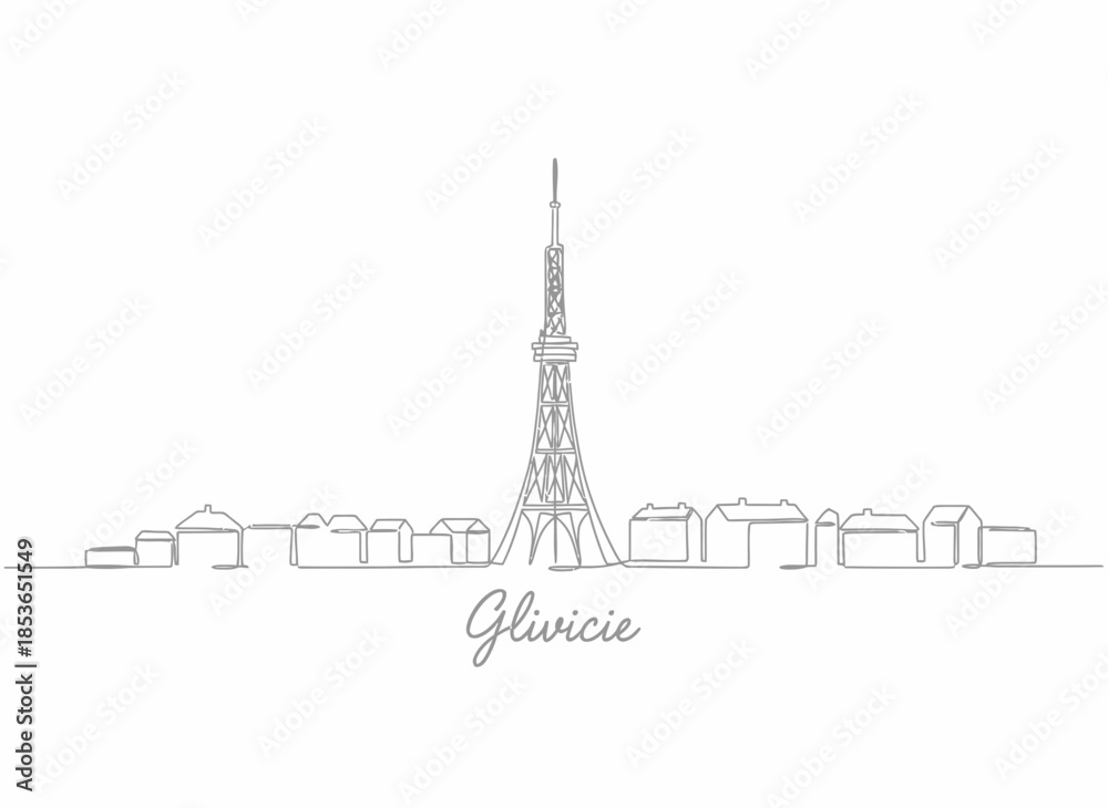 Naklejka premium Gliwice radio tower and city skyline continuous line drawing vector illustration