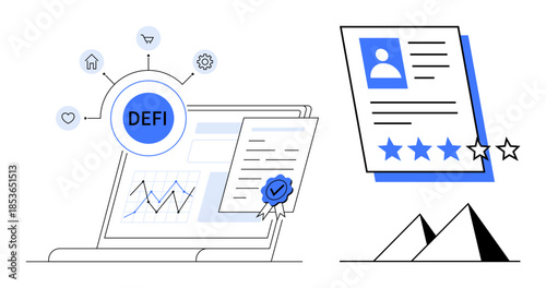 Laptop displaying DEFI connections, analytics, certified document adjacent user profile with rating stars. Ideal for blockchain, finance, technology, transparency, credentials, analytics user