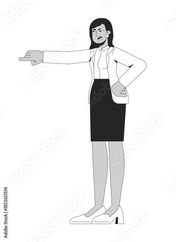 Mad arab businesswoman pointing with stern expression 2D line character. Female leader authority. Commanding boss woman scolding isolated vector ink outline person. Monochromatic spot illustration