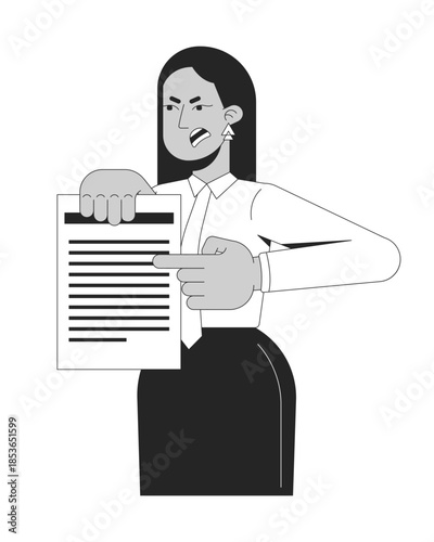 Strict corporate woman demanding explanation with document 2D line character. Middle eastern female employee yelling complaining isolated vector ink outline person. Monochromatic spot illustration