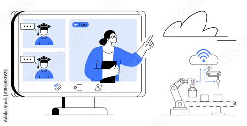 Online education, e-learning platforms, digital communication, robotics, cloud technology, automation systems. Video call with participants next to robotic automation. Online education and e-learning