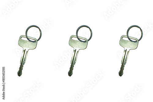 key isolated on white, key isolated on white background, key on white background.  Close up view realtor broker home keychain showing to new owner.