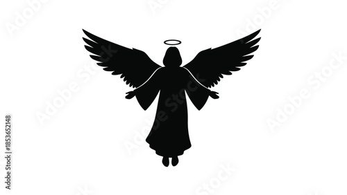 Black Silhouette of an Angel with Large Wings and Halo Isolated on White Background