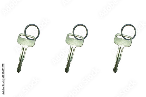 key isolated on white, key isolated on white background, key on white background.  Close up view realtor broker home keychain showing to new owner.