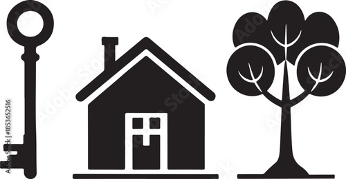 A simple illustration featuring a key house and trees in black