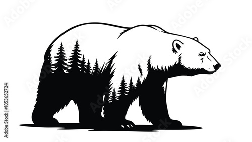 Double Exposure Silhouette of a Grizzly Bear with Pine Forest Trees Isolated on White