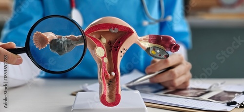 Photography Doctor with Uterus and Ovaries anatomy model and magnifying glass