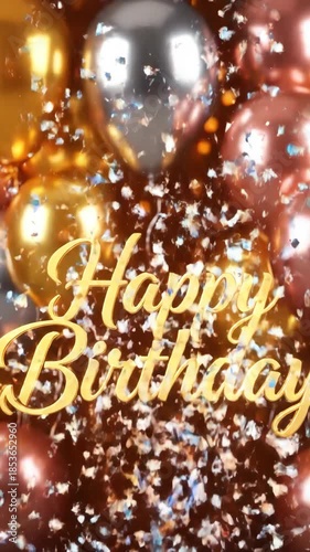 Golden Happy Birthday Celebration With Metallic Balloons And Glittering Confetti Bokeh Effect