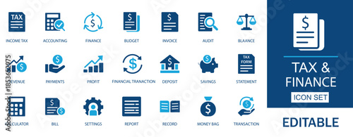 Tax and Finance Icon set. Features icons of Budget, income, Invoice, and Calculator. Perfect for financial reports, business apps, and banking.