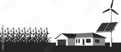 Sustainable farmhouse vector illustration, featuring solar panels, wind turbine, corn field, and rural home building