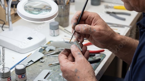 Hands painting model aircraft wing with fine brush close up macro view