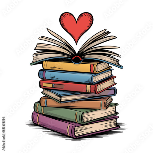 Time to get Lit with a stack of messy books with a heart above the books. Add colour to the heart and a few of the books Ink illustration