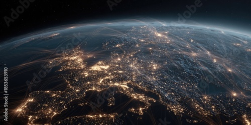A view of Earth at night from orbit, lit by city lights and flight paths