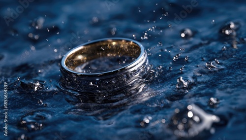A metallic ring with intricate details, partially submerged in water, with splashes