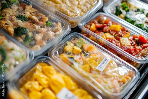 selective focus freezer drawer filled with labeled organic ready meals