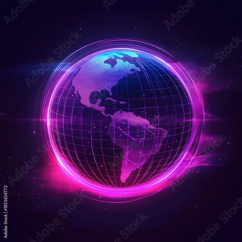 Glowing globe with a vibrant display of the Americas in digital style.