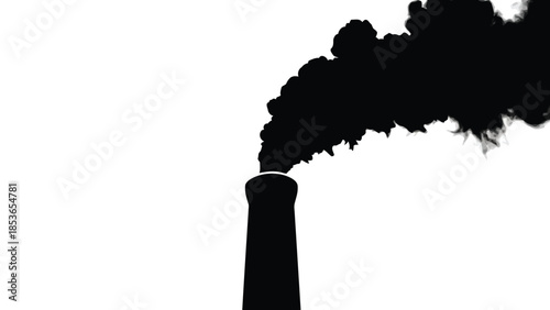 Silhouette of Industrial Factory Chimney Emitting Dark Smoke Isolated on White Background