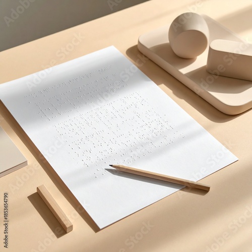 Braille Paper with Pencil on Beige Background. Minimalist Accessibility and Education Concept