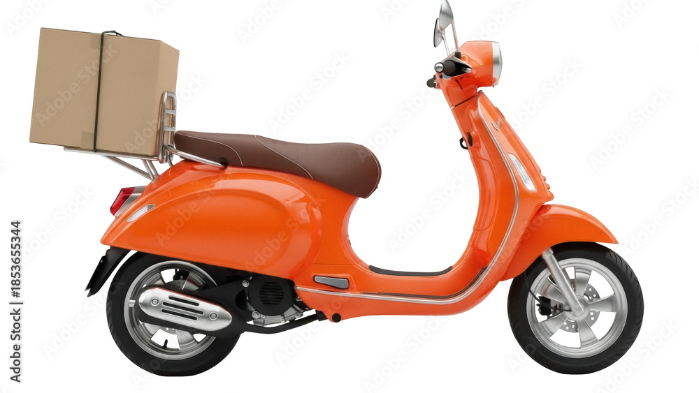 Αυτοκόλλητο Orange vintage scooter with delivery box isolated PNG, classic Italian moped for