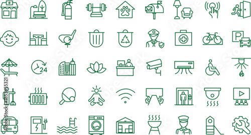 Comprehensive Building Amenities & Facility Management Icon Set: Editable Vector Line Art
