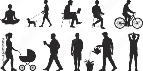 Assortment of Human Silhouettes Performing Daily Tasks on White Background Keywords: silhouette, people, man, woman, child, dog