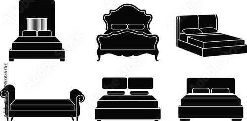 Black Silhouette Icons of Various Bed Styles on White Background furniture bedroom
