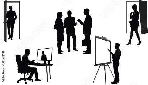 Business Meeting and Office Work Silhouettes with Doors and Presentation Board Keywords: silhouette, business, people, meeting