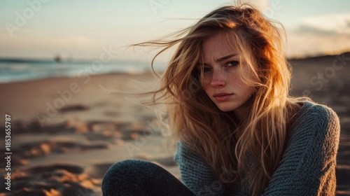 Young woman sitting on sandy beach with wind in her hair during sunset looking calm and thoughtful