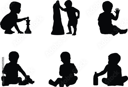 Collection of Baby and Toddler Silhouettes Playing with Toys and Chess Keywords: silhouette, baby, toddler, child, kid, boy