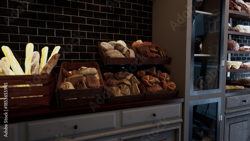 Photography Warm light fills a charming bakery showcasing an array of freshly baked breads and pastries