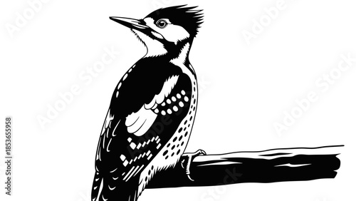 An illustrated depiction of a perched woodpecker, showcasing its distinctive plumage and sharp beak against a white background, perfect for nature and wildlife art