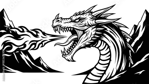 Fierce Dragon Breathing Fire Between Majestic Mountains - Epic Fantasy Illustration