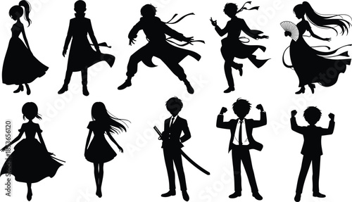 Collection Of Anime Style Character Silhouettes On White Background vector illustration