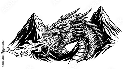 Majestic Dragon Breathing Fire in Front of Towering Mountains, Mythical Creature Unleashing Fiery Breath in Epic Landscape Scene