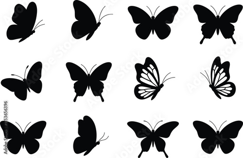 Collection of Twelve Butterfly Silhouettes in Various Poses and Styles insect flying