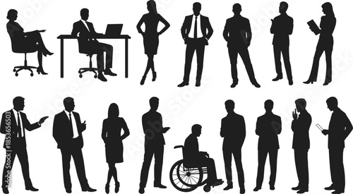 Diverse Business People Silhouettes In Various Poses On White Background woman