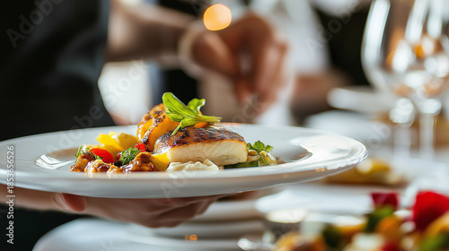 Gourmet Fine Dining Seafood Dish with Grilled Fish and Microgreens Served by Waiter