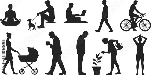 Diverse Silhouettes of People Engaged in Various Daily Activities on White Background Keywords: silhouette, people, man, woman