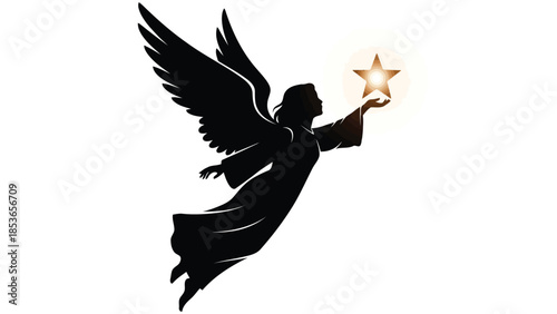 Silhouette of a Guardian Angel Flying and Holding a Glowing Star in Hands