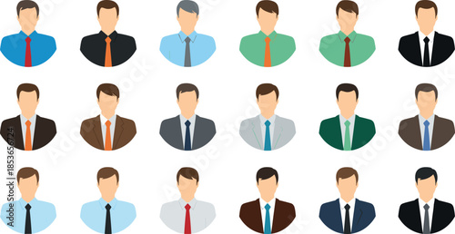 Large set of fifteen male business avatars in various shirts, ties, and suits, representing diverse professional profiles, managers, corporate staff, and office workers vector illustration.