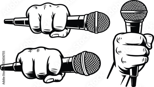 Hand holding microphone vector illustration set, black and white retro sketch for podcast and singing