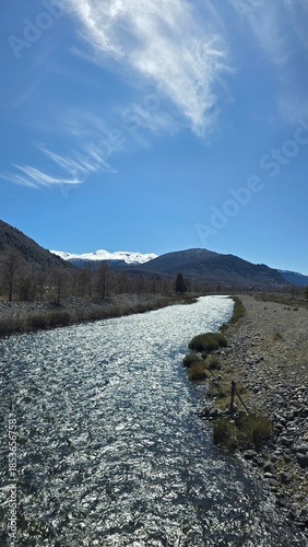 Stunning view of Río Maichín on a sunny day in southern Chile. Clear river waters, surrounding forest, and bright natural light create a vibrant and peaceful landscape.
