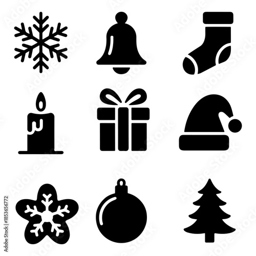 Set of nine black and white Christmasthemed icons isolated on a transparent background