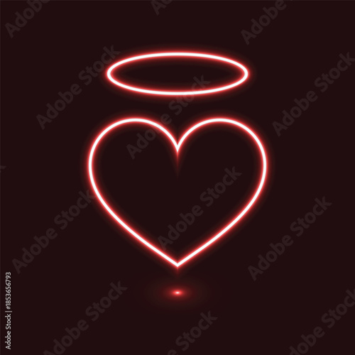 A glowing neon heart with a halo symbolizing angelic love and purity in a dark setting