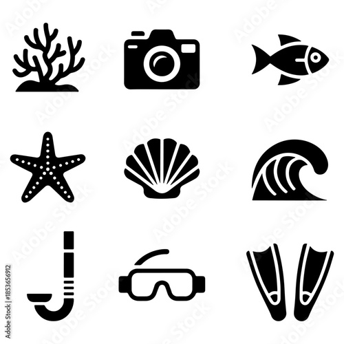 Collection of underwaterthemed icons isolated on a transparent background