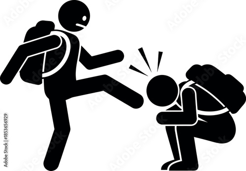 Black silhouette illustration of a person kicking another person in the head with a backpack on