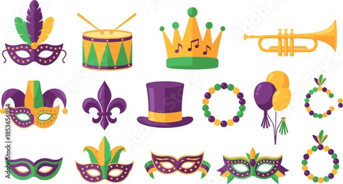 Mardi Gras and Carnival Festival Vector Flat Icons Set, Colorful Masquerade Masks, Crown, Trumpet, Drum, Fleur De Lis, Top Hat, and Beads, New Orleans Celebration Graphic Elements.