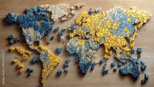 World map puzzle on wooden table, continents in blues and yellows