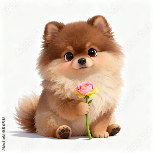 Cute toy pomeranian holding a flower in his paws, a pet dog. artificial intelligence generator, AI, neural network image. background for the design