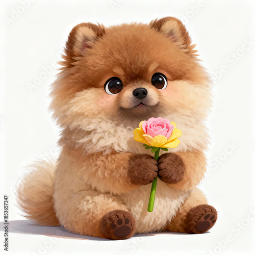 Cute toy pomeranian holding a flower in his paws, a pet dog. artificial intelligence generator, AI, neural network image. background for the design